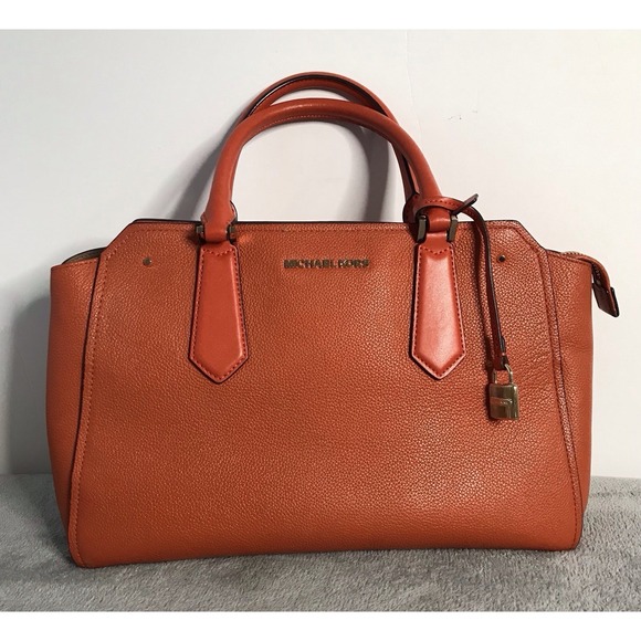 Michael Kors Hayes Orange Leather HandBag Satchel Purse No Shoulder‎ Strap - Picture 1 of 16